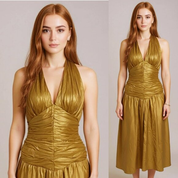 Vintage Eletra Casadei Gold Lame’ Halter Top Midi Length Disco Party Dress Small
